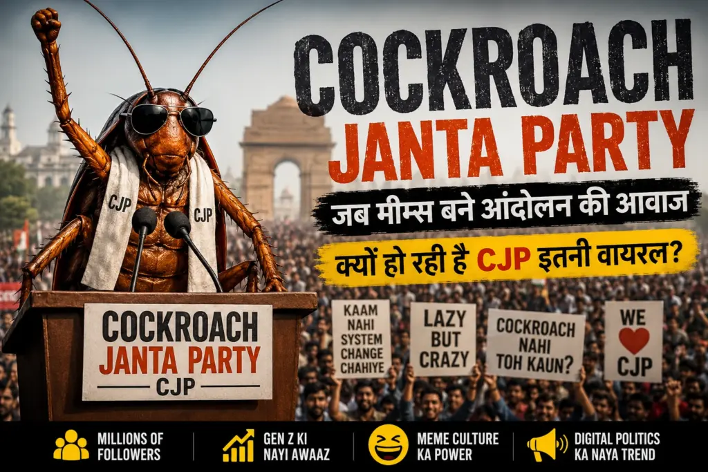 Cockroach Janta Party viral trend poster with digital political meme theme and cheering crowd in India 2026