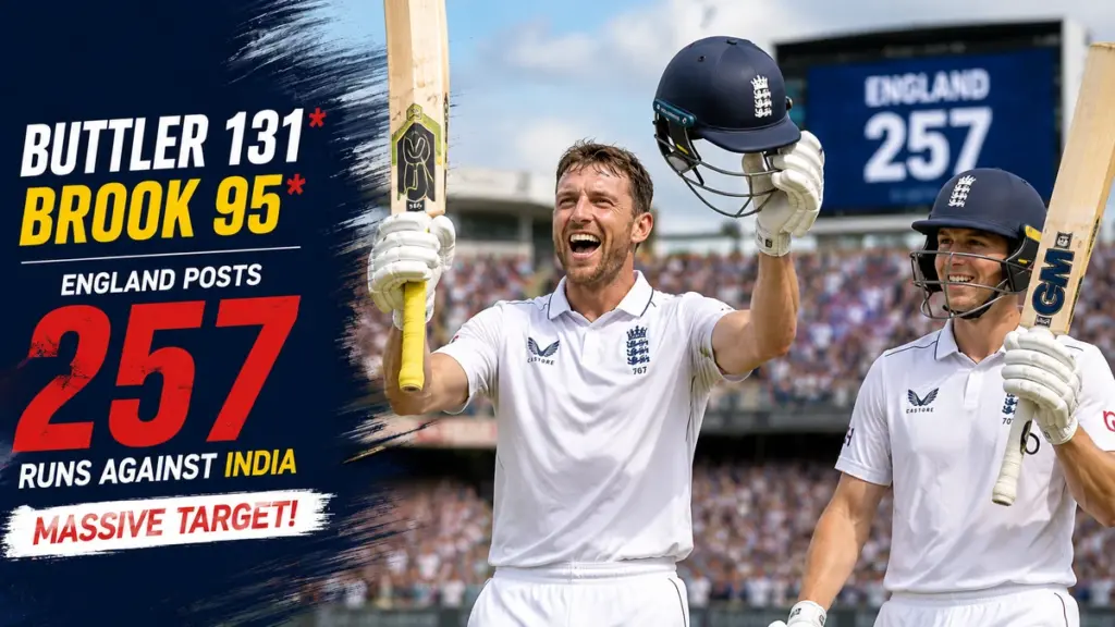 Jos Buttler celebrates his 131-run innings while Harry Brook remains unbeaten on 95 as England posts 257 runs against India.