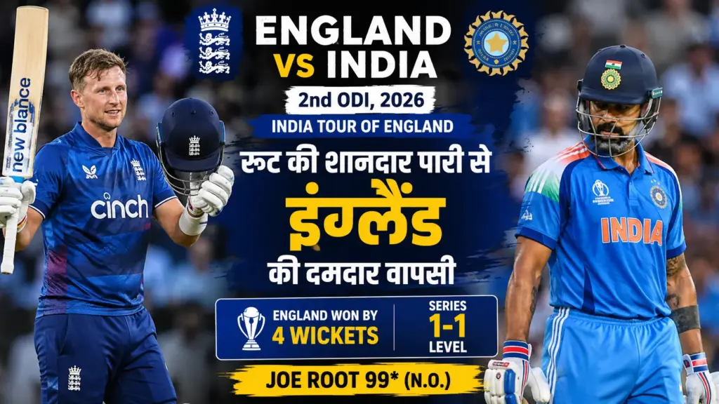 England vs India 2nd ODI 2026 feature image showing Joe Root's match-winning innings as England defeated India by four wickets to level the ODI series 1-1.