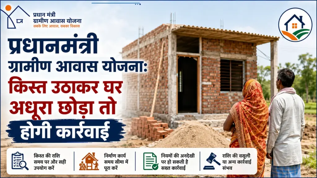 प्रधानमंत्री ग्रामीण आवास योजना के तहत अधूरे घर निर्माण पर कार्रवाई दर्शाती AI फीचर इमेज