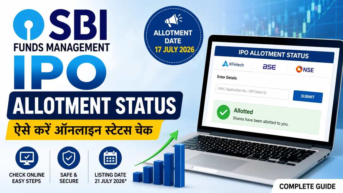 SBI Funds Management IPO allotment status illustration showing online status check through KFin Technologies, BSE and NSE with stock market concept.
