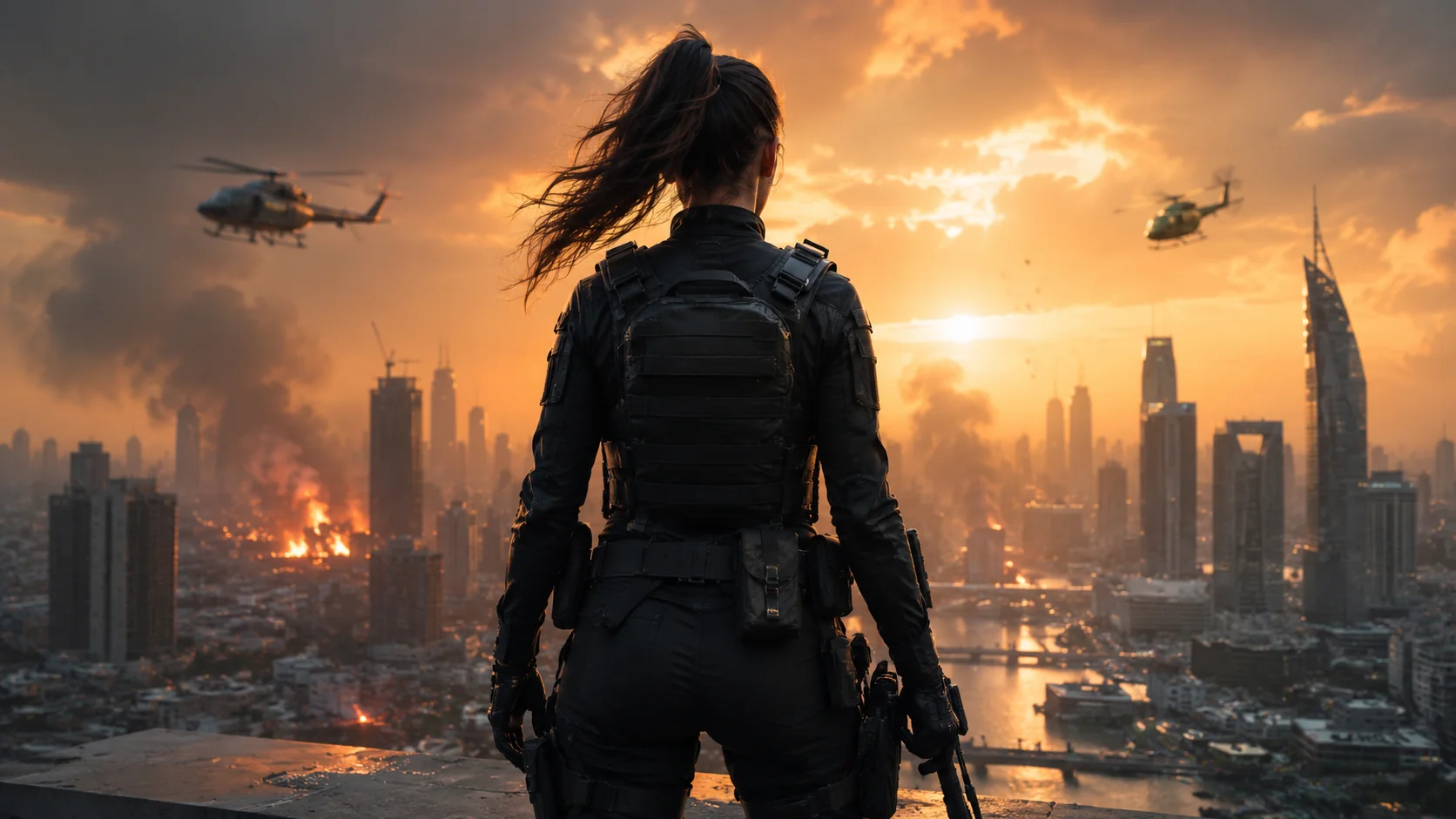 Alpha movie featured image showing a fictional female action agent overlooking a futuristic city at sunset