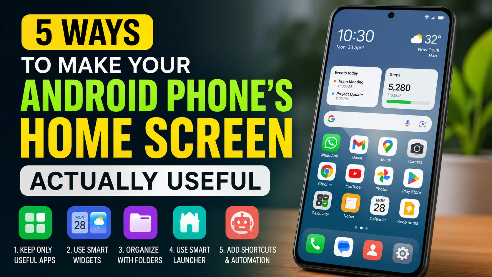 Android Phone Home Screen with smart widgets, app folders, shortcuts and customization tips for better productivity.