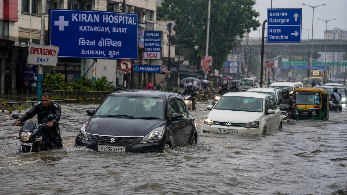 भारी बारिश के बाद जलभराव, किरण हॉस्पिटल के पास सड़क पर फंसे वाहन