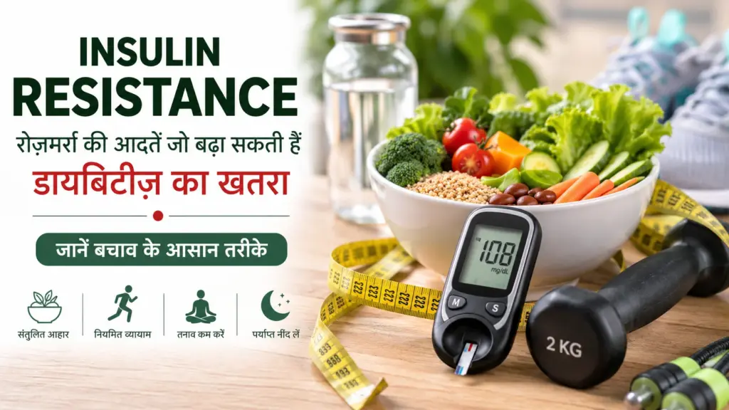 Healthy lifestyle illustration showing balanced diet, exercise and blood sugar monitoring for insulin resistance prevention