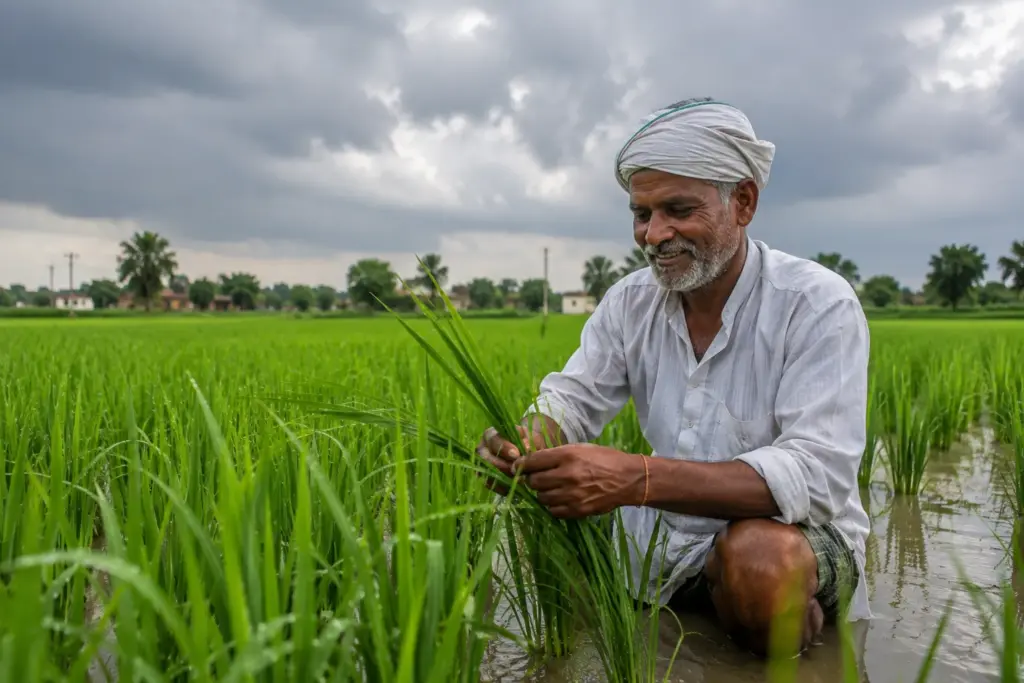बारिश के बाद हरे-भरे खेत में फसल का निरीक्षण करता किसान।