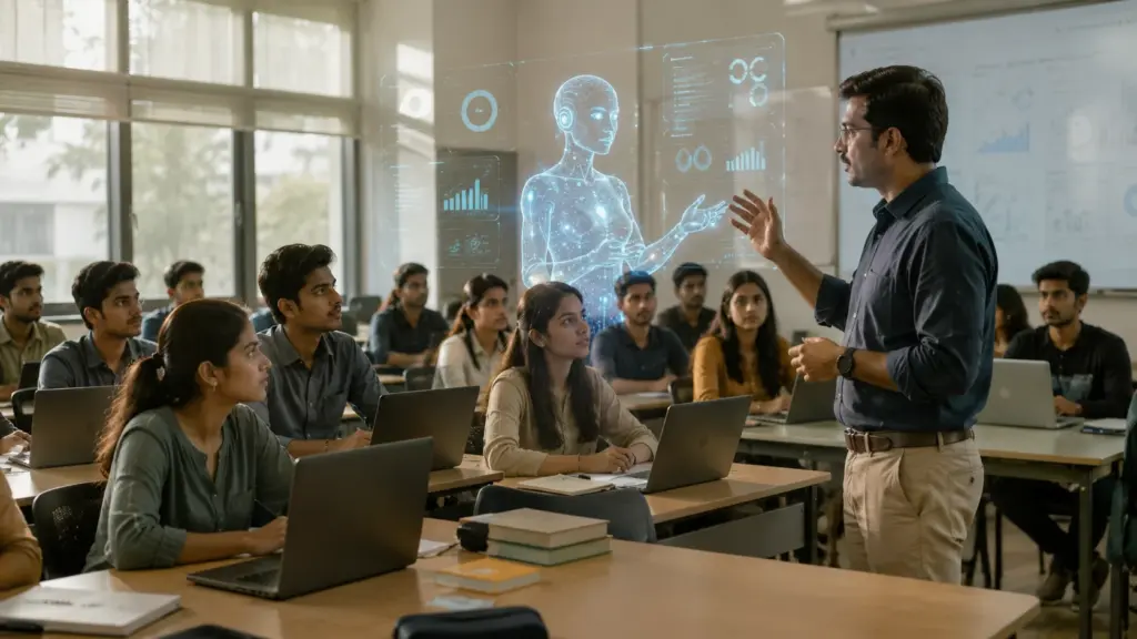 Indian students learning with AI technology in a modern smart classroom