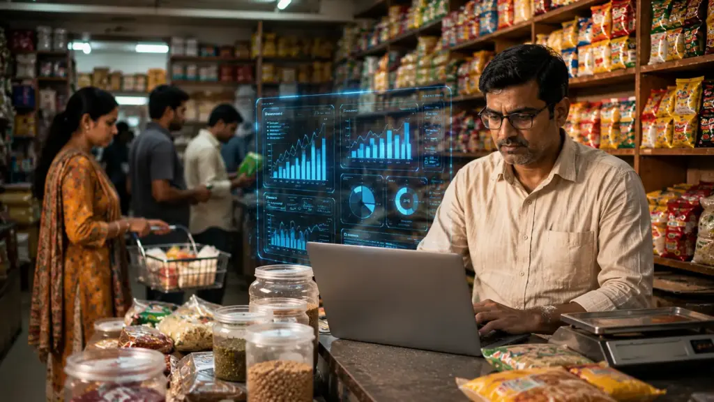 Indian grocery shop owner using AI-powered business dashboard to manage sales