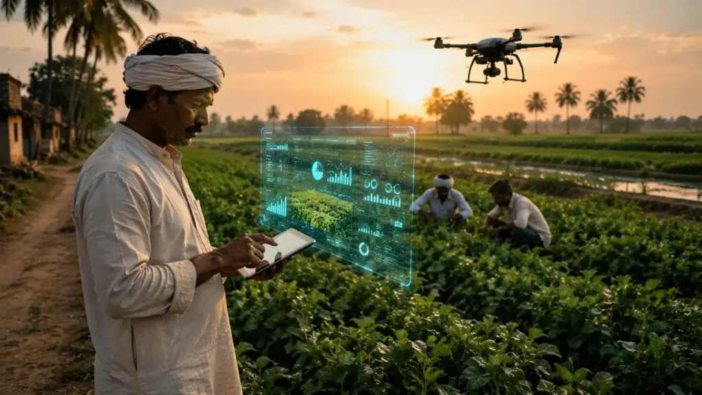 Indian farmer using artificial intelligence and drone technology for smart farming