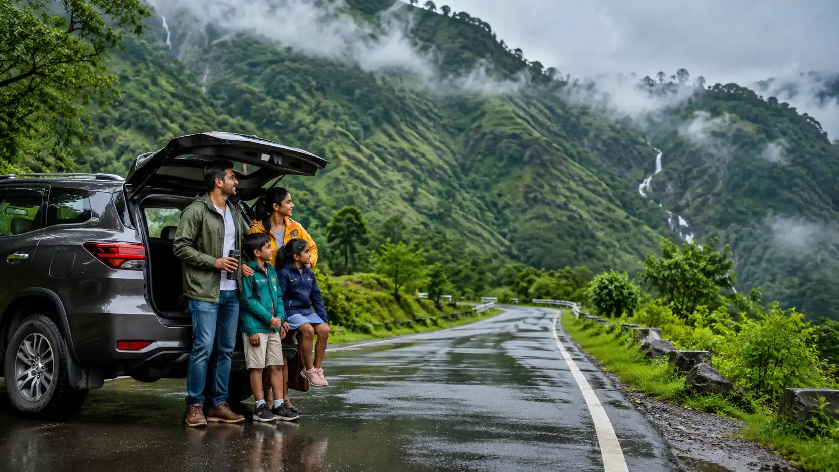 बारिश में यात्रा के टिप्स के लिए मानसून में सड़क किनारे SUV के साथ खड़ा भारतीय परिवार।