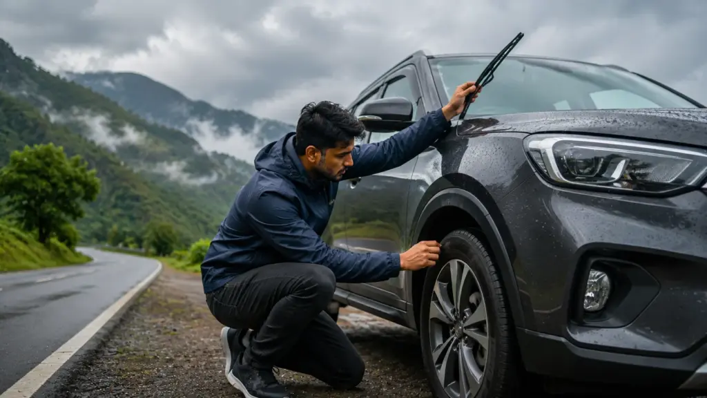 मानसून यात्रा से पहले SUV के टायर और वाइपर की जांच करता हुआ यात्री