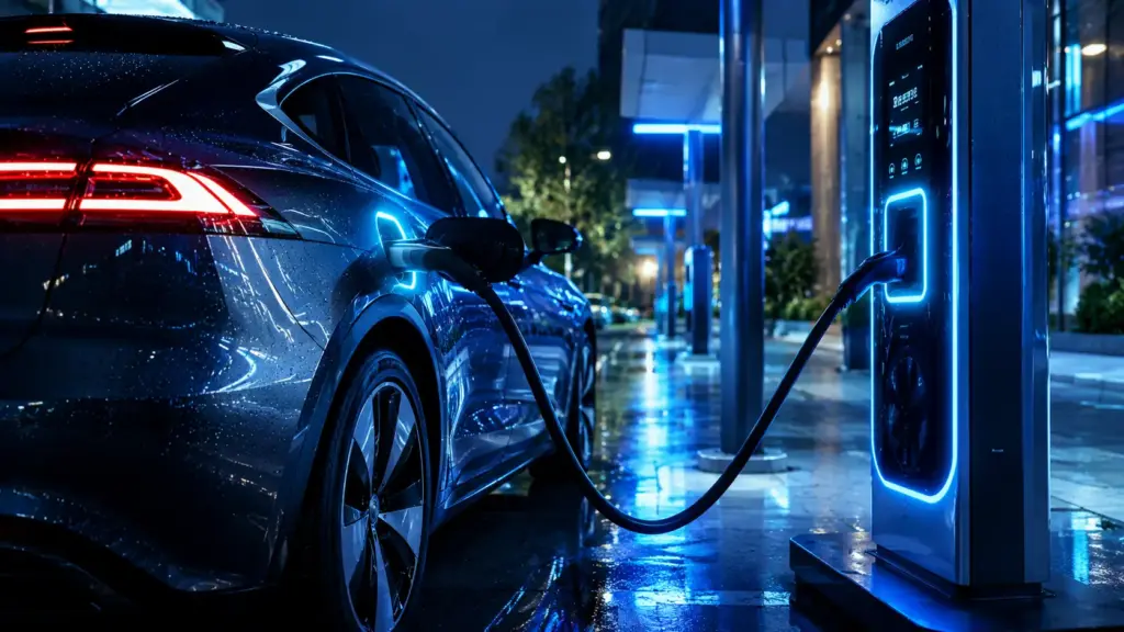 Luxury electric vehicle connected to an ultra-fast charging station at night.