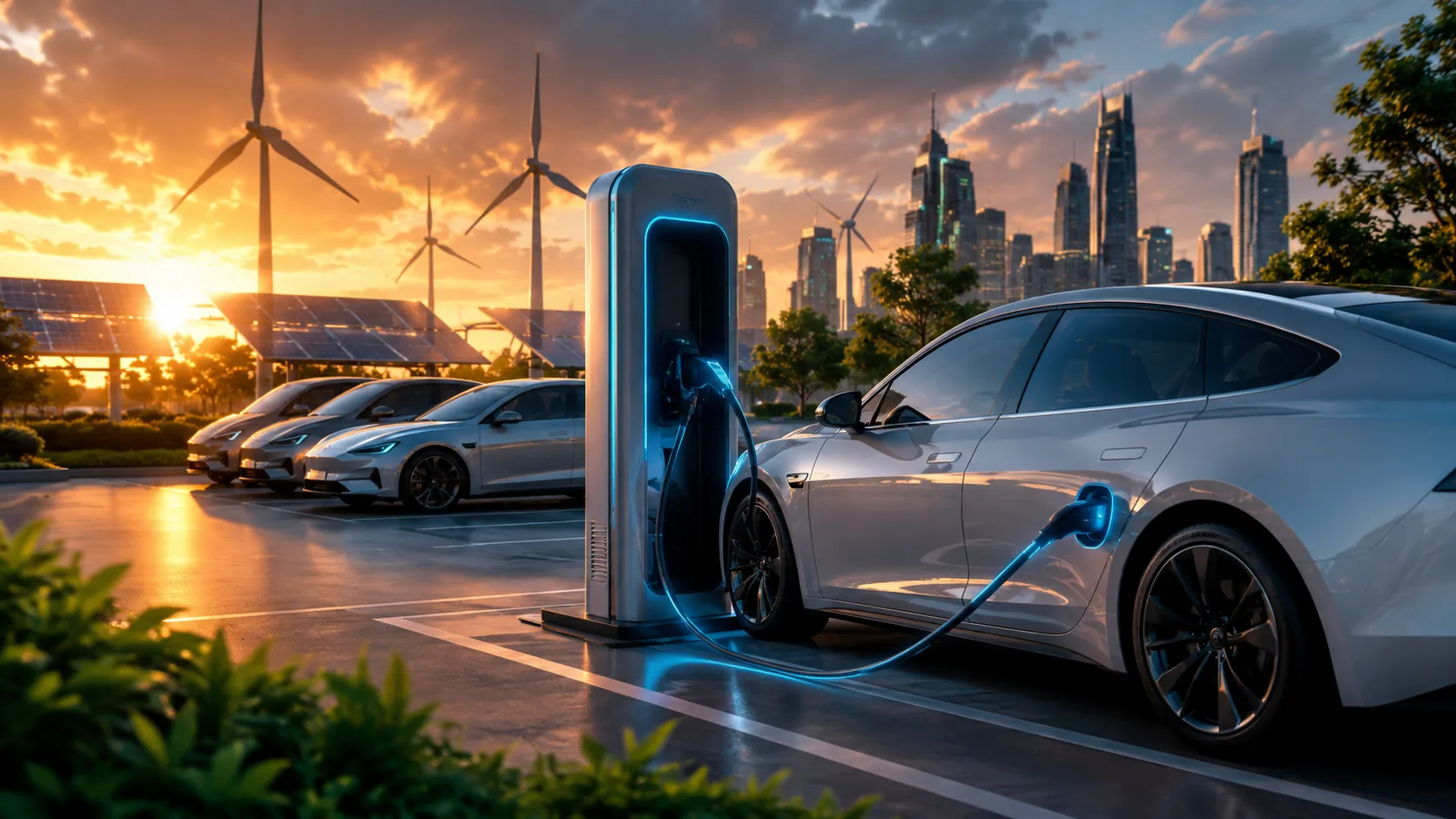 Global electric car sales record 2026 with modern EV charging station.
