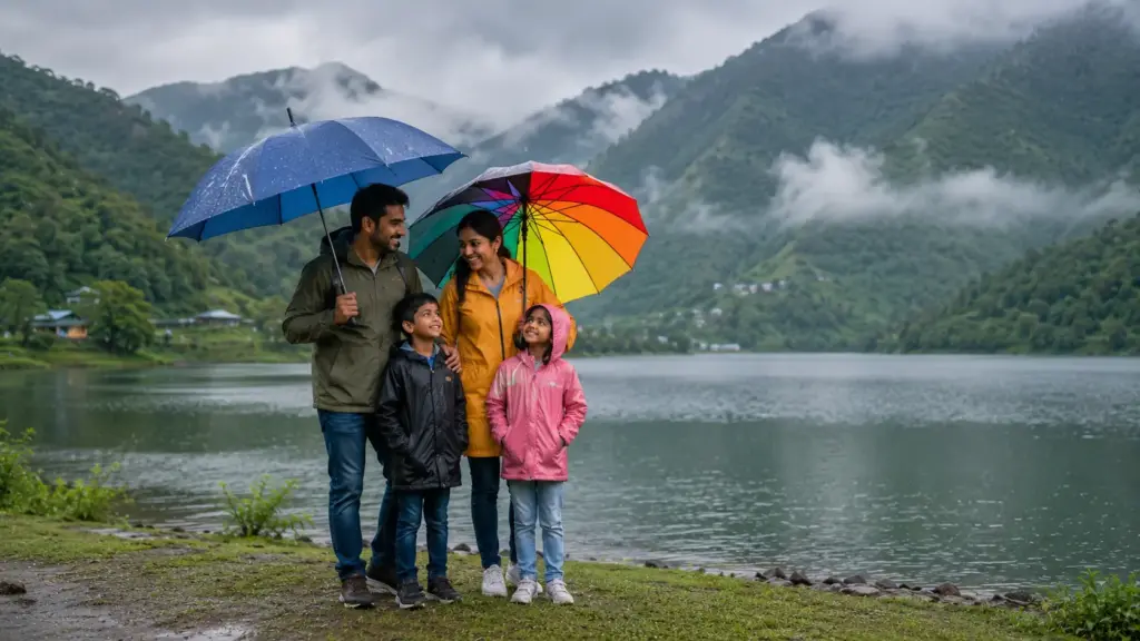 झील किनारे मानसून का आनंद लेते भारतीय परिवार की तस्वीर