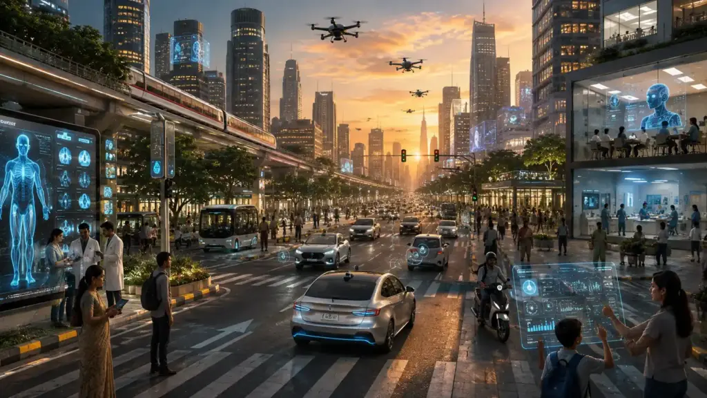 Futuristic AI-powered smart city representing the future of technology in India