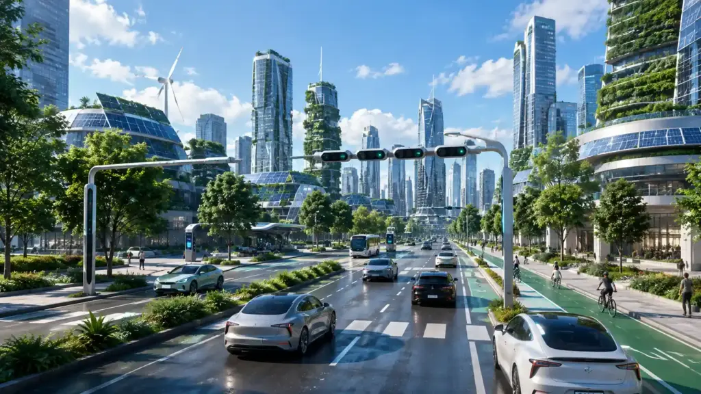 Electric vehicles driving on a smart Indian city road with modern charging infrastructure.