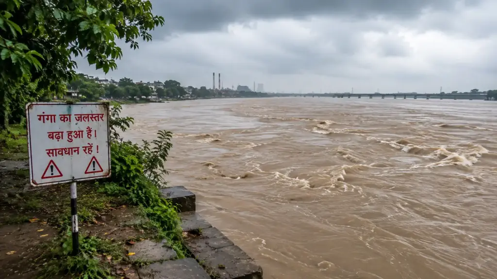 मानसून के दौरान कानपुर में उफान पर बहती गंगा नदी और किनारे लगा चेतावनी बोर्ड।