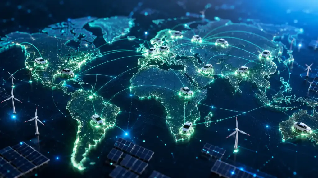 Global map showing electric vehicle market growth and connected EV transportation network.