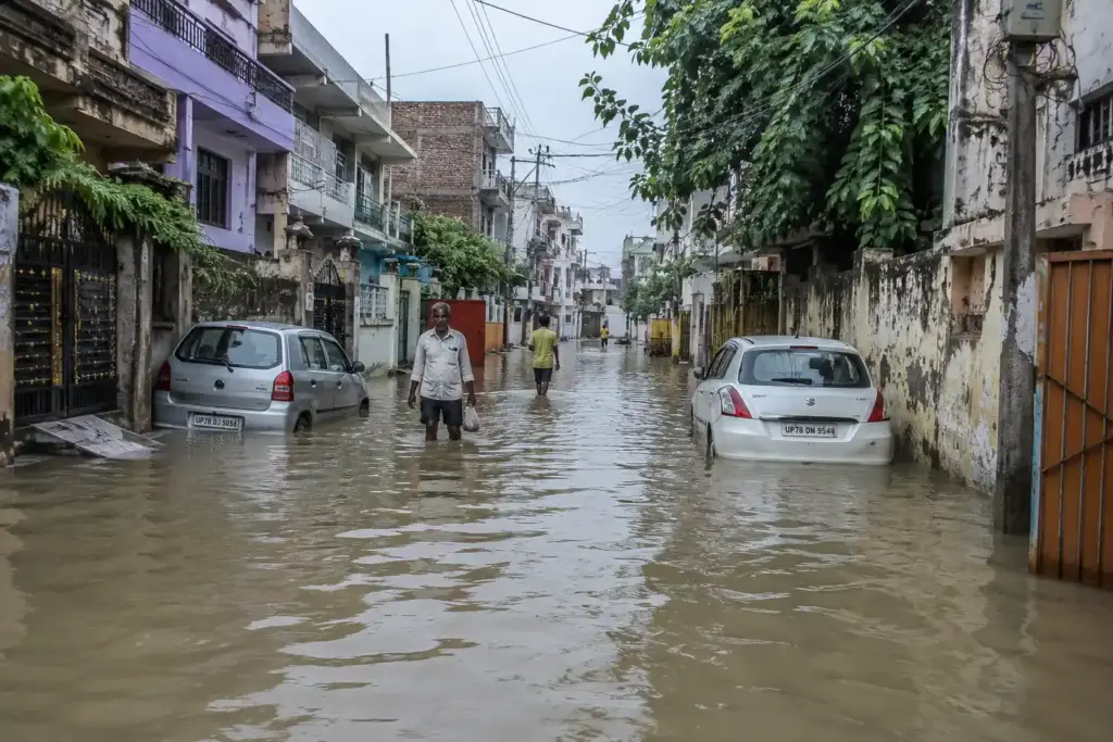 लगातार बारिश के दौरान कानपुर की सड़क पर छाता लेकर चलते लोग और पानी से भरी सड़क पर चलते वाहन।