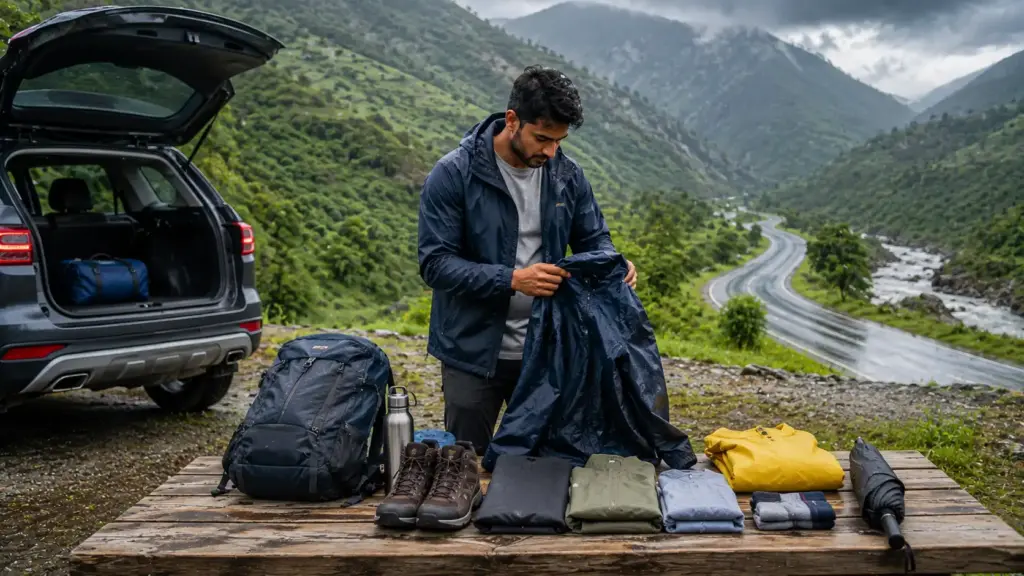 मानसून यात्रा के लिए रेनकोट, ट्रेकिंग शूज़ और जल्दी सूखने वाले कपड़ों का सही चुनाव करते हुए भारतीय यात्री।